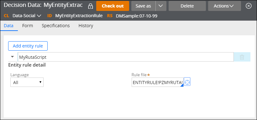 Configuration of a Decision Data rule with an entity extraction rule using the Apache Ruta script.