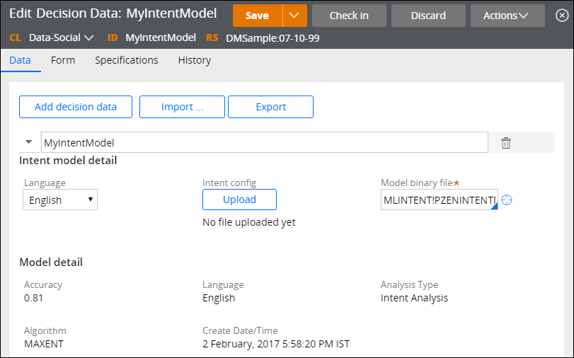 Configuration of a Decision Data rule with an intent analysis model.