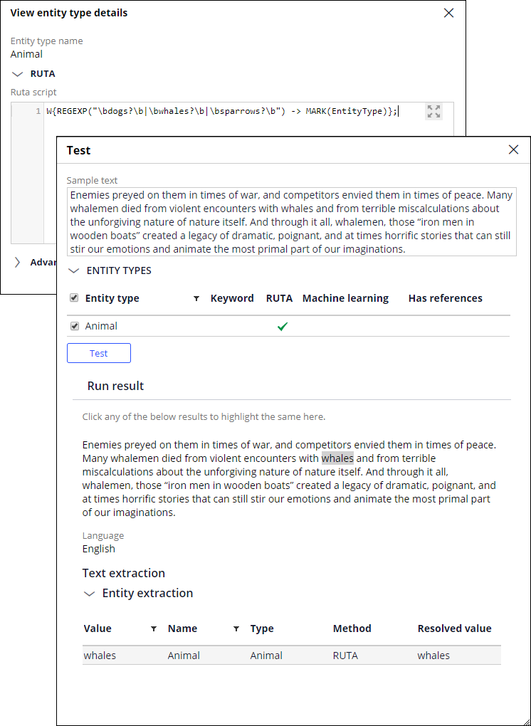 Configuration of an entity type in the Ruta language and an example test.