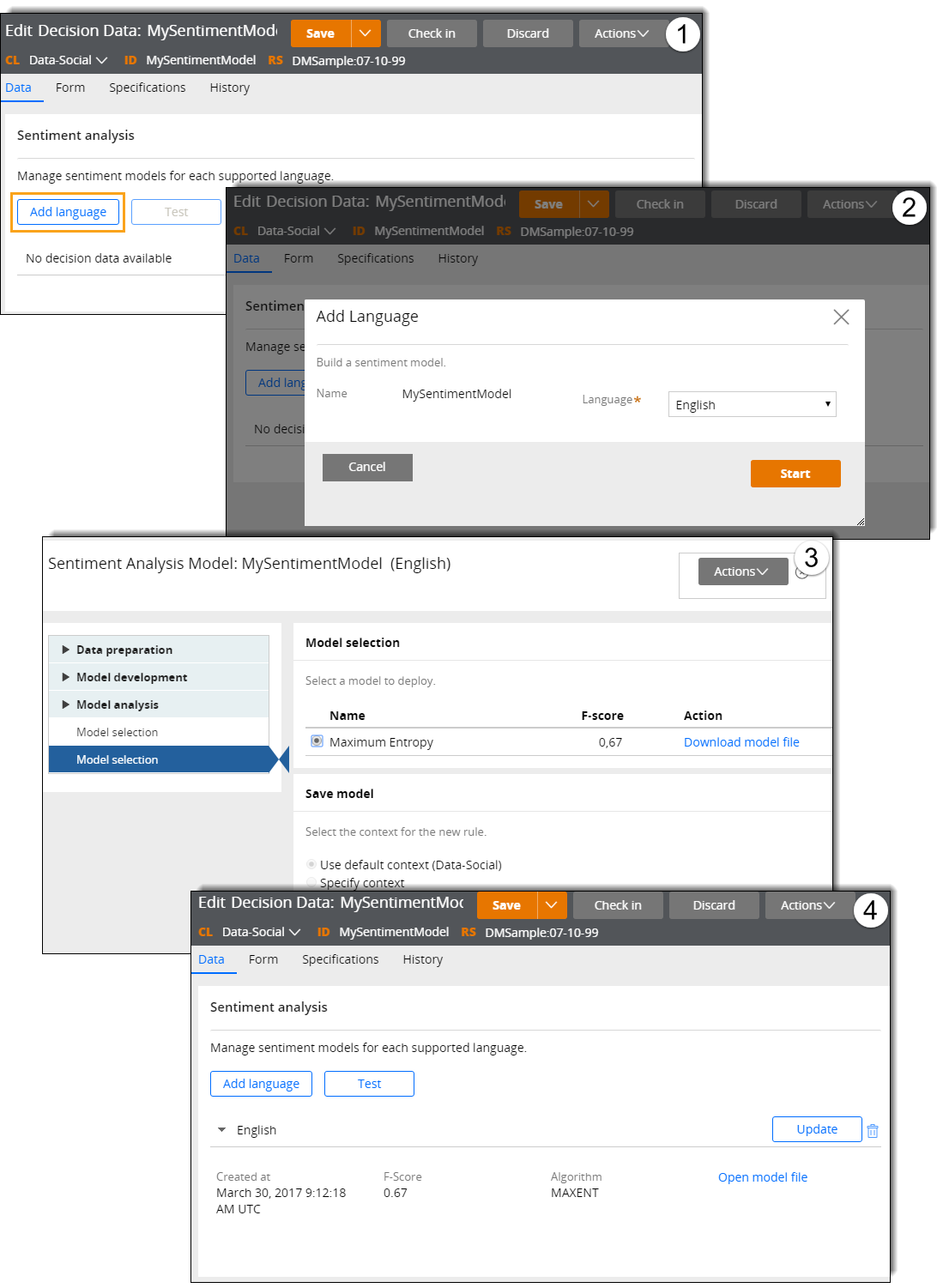 Configuration of sentiment analysis models in a Decision Data rule.