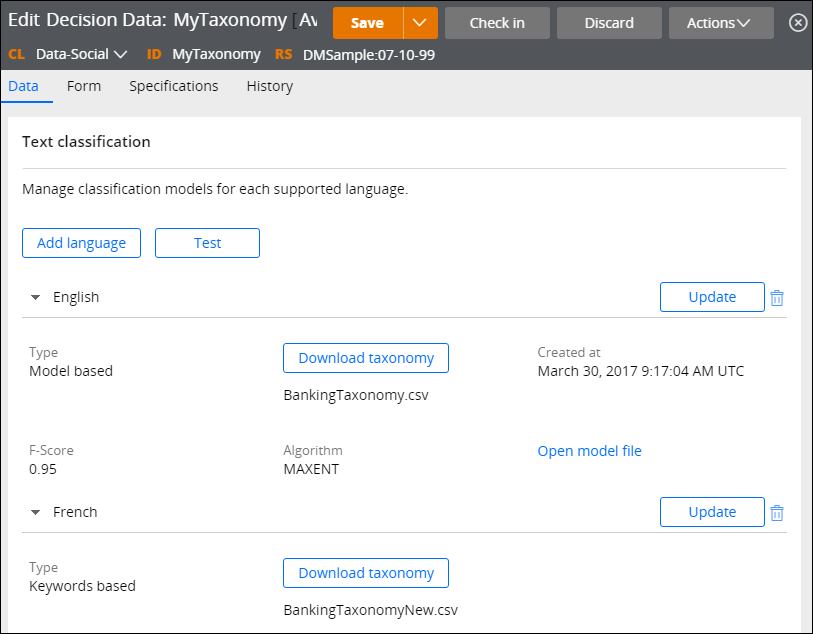 Configuration of a Decision Data rule with a classification model and a taxonomy for rule-based classification.