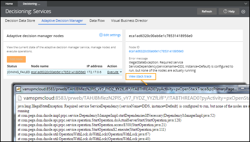 The error message in the log file says the DDS service is configured to run, but none of the nodes are running.