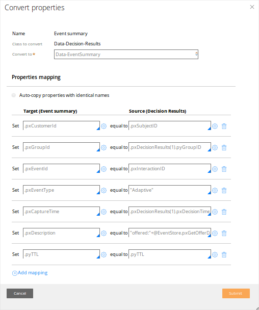 For example, the Subject ID in the decision results is mapped to the Customer ID in the event summary.