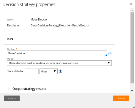 The strategy shape references the Make Decision strategy and is set to store data for later response capture.