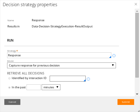 The strategy shape references the Response strategy and is set to capture response for previous decision.