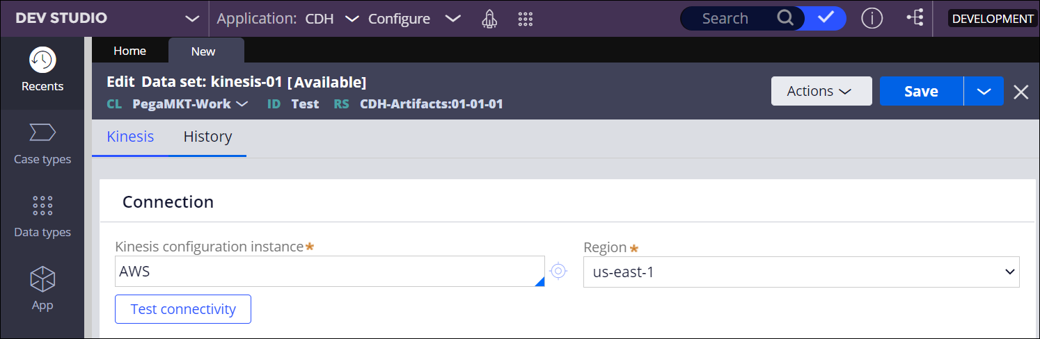 On the Kinesis data set form, the connection settings include the AWS authentication profile and the us east 1 region.