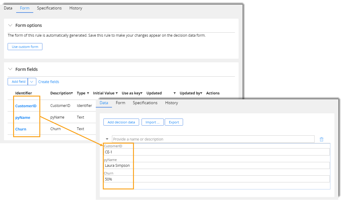 The Customer ID, py Name, and churn properties on the Form tab are propagated to the respective fields on the Data tab.