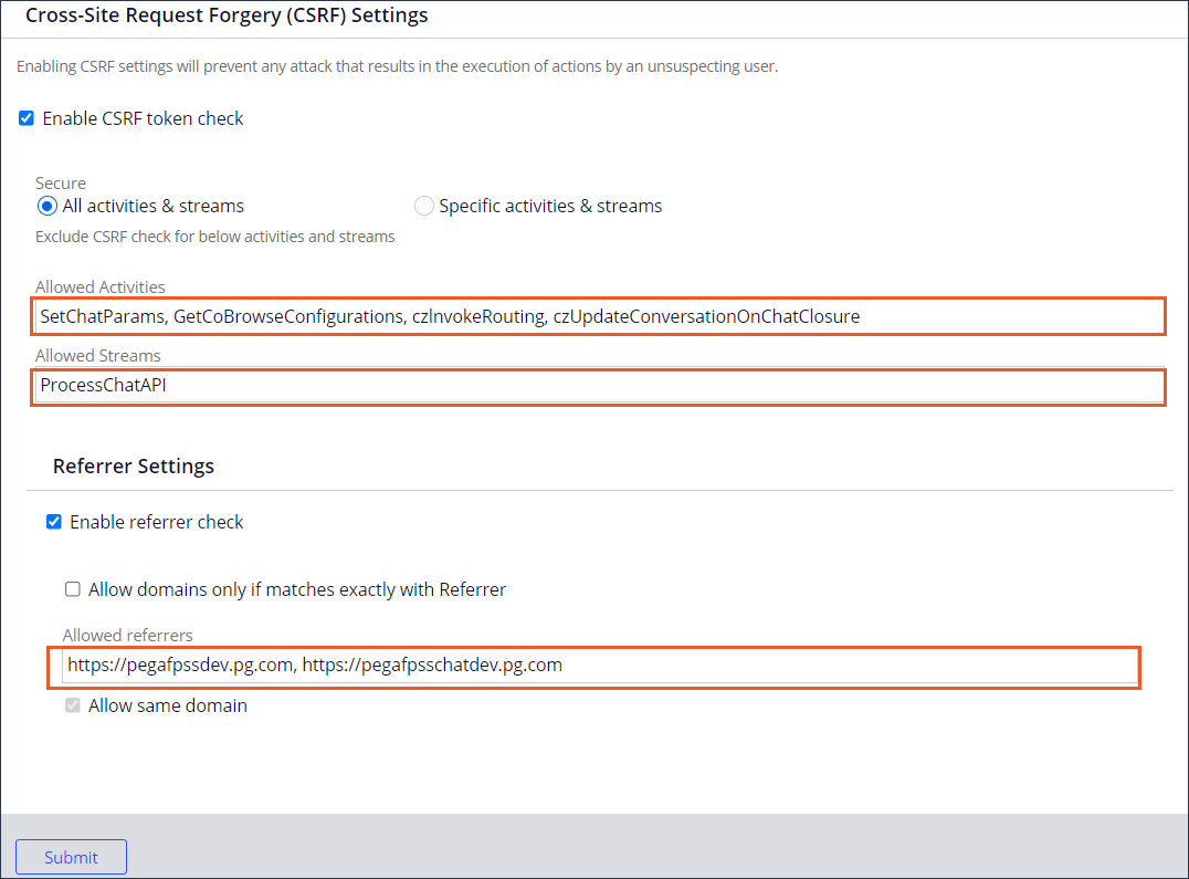 Settings displaying the allowed activities, streams, and referrer URLs