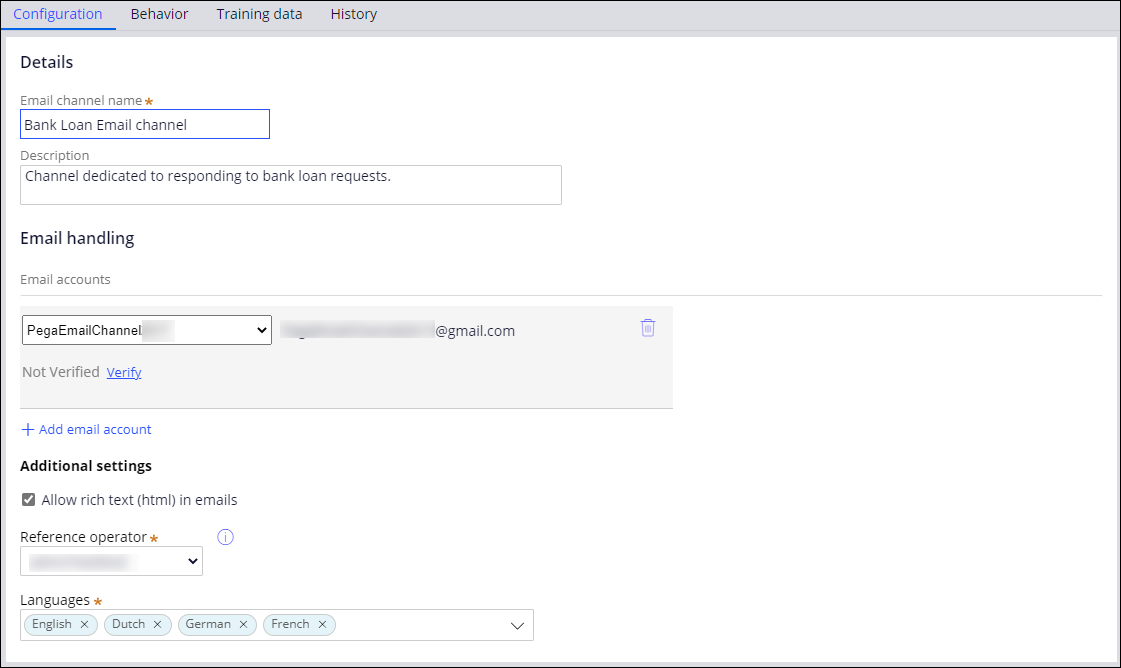 The configuration tab for email channels showing configuration of a bank loan request email.
