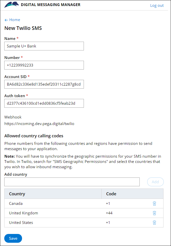 The configuration settings on the Digital Messaging Manager page for SMS/MMS.