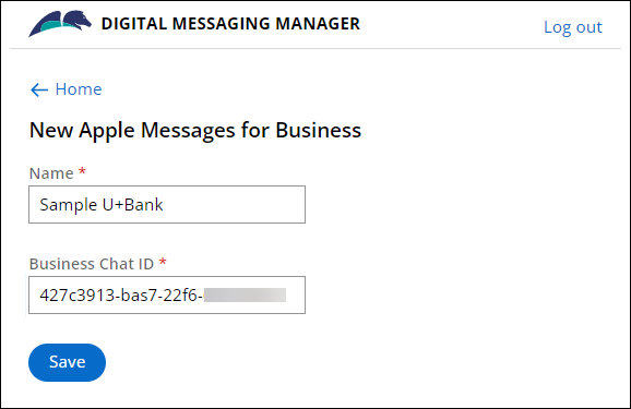The configuration settings on the Digital Messaging Manager page for a new IVA for Apple Messages for Businesst.