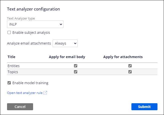The entity and topic check boxes are selected for both the email body and attachments.