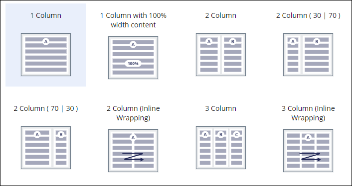 Sample design patterns, including single column options and multiple column options with varying size ratios