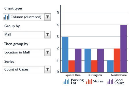 A column chart with the number of cases grouped by shopping mall and location within each mall