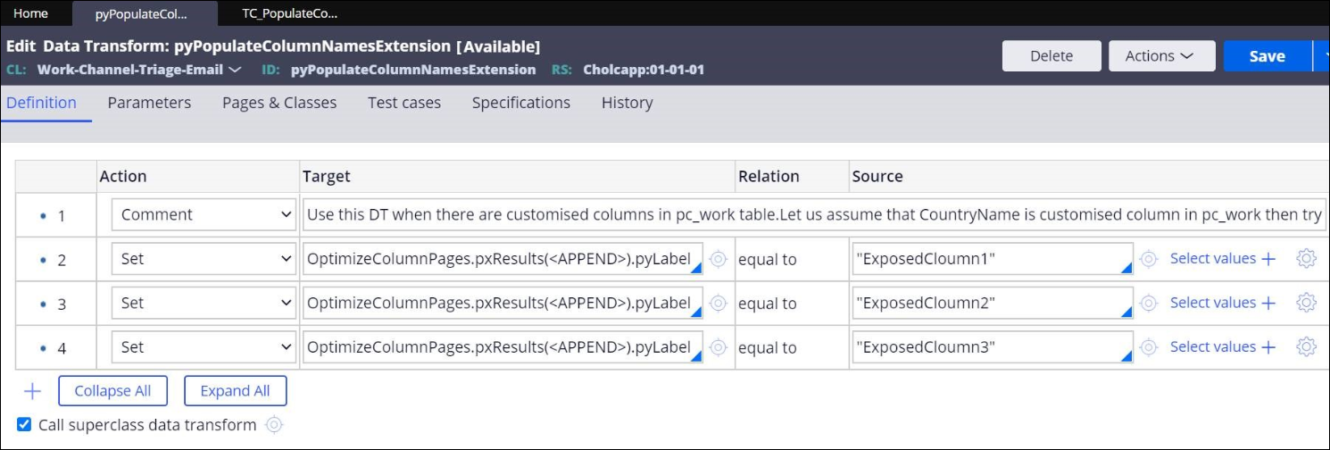 Sample of the pyPopulateColumnNamesExtension data transform rule with three columns to customize.