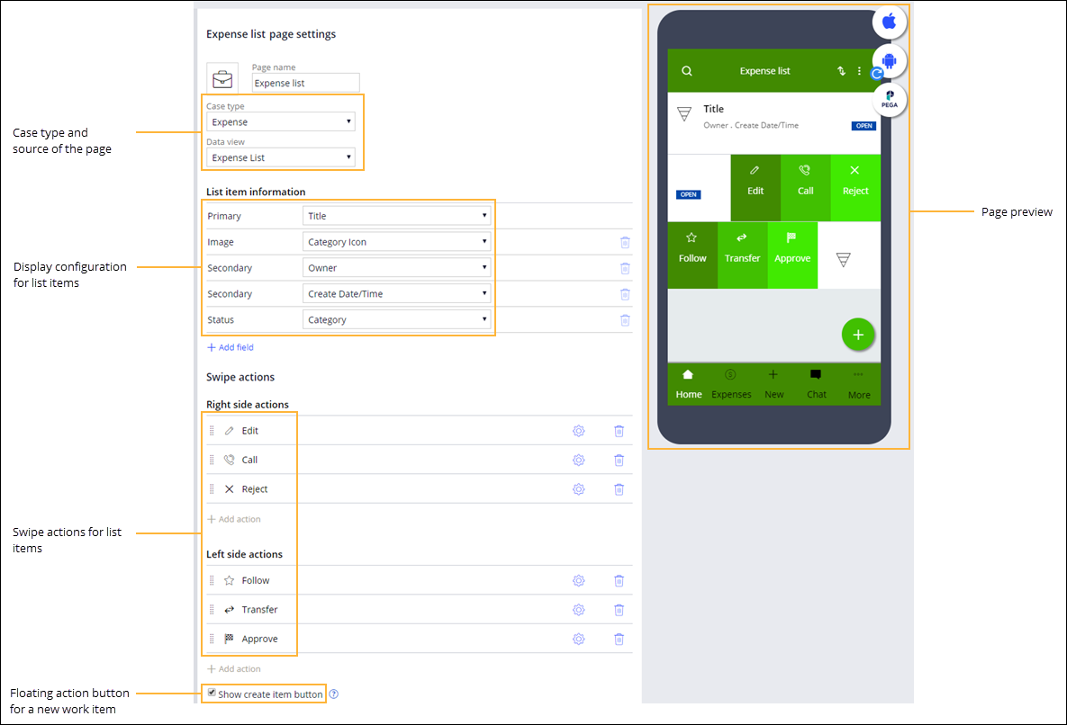 Configuration of the source, display of list items, swipe actions, and a floating action button for a mobile list page.