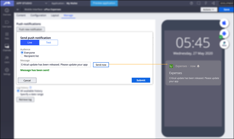 Push console with a message configuration and a live preview of the push notification