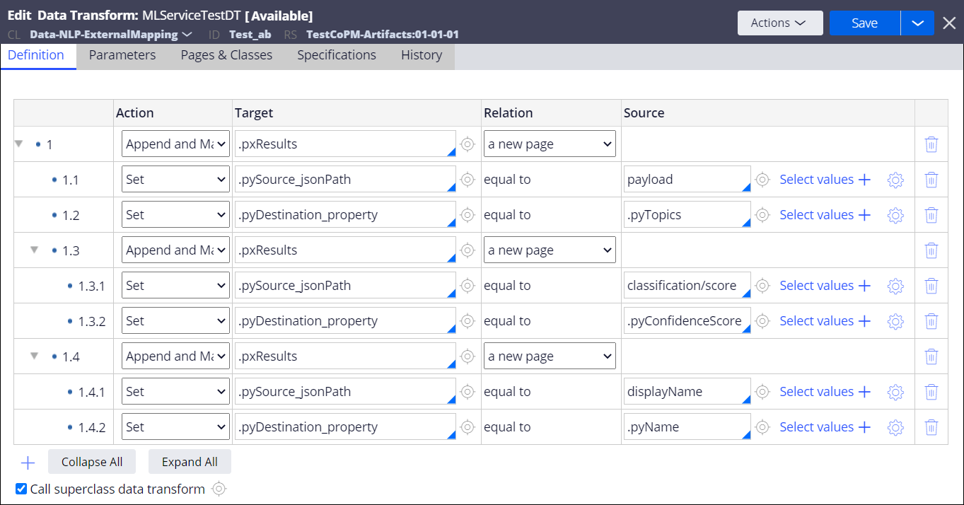 Configuring a data transform for a JSON output mapping