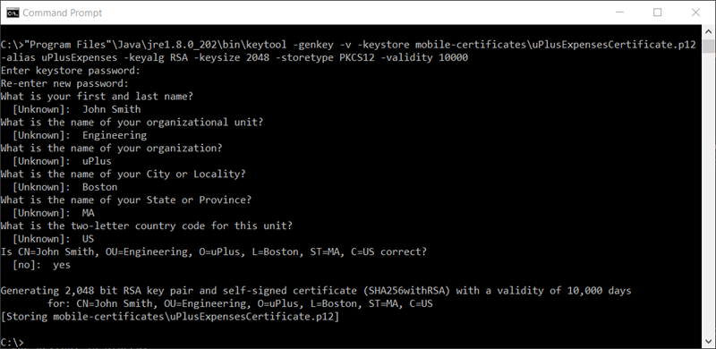 Terminal commands in Windows Command Prompt that create a P12 certificate file for mobile use.