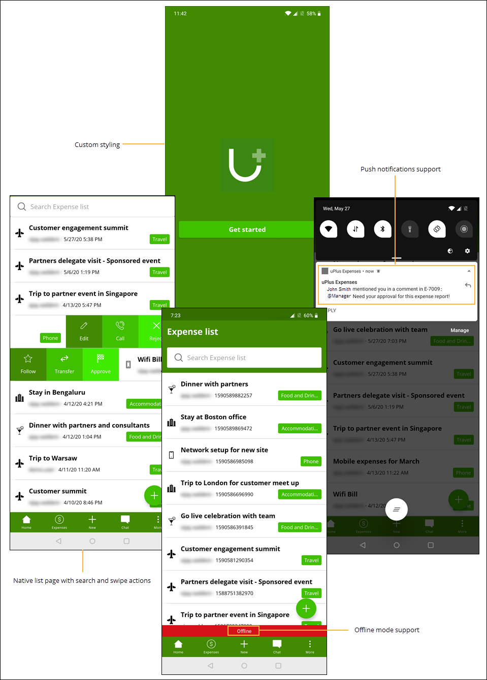 Overview of mobile features with custom styling, push notifications, offline mode, and native list pages with swipe actions.
