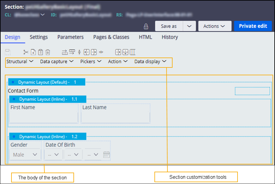 Section that includes layout for capturing personal information