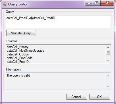 The query syntax “dataCell_ProdID=@dataCell_ProdID”