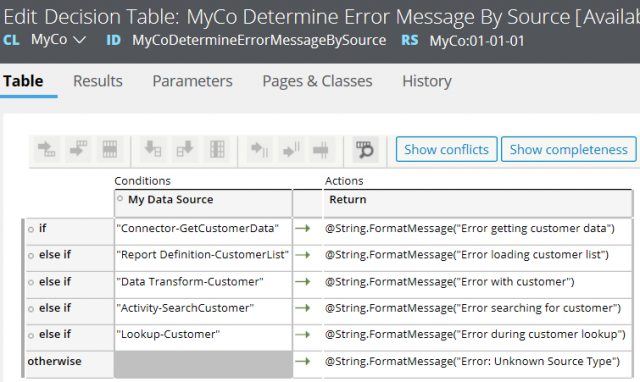 Configuring decision table to send user-friendly messages