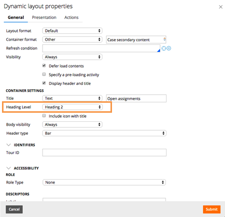 Dynamic layout properties with heading level highlighted