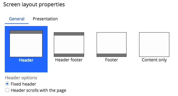 Screen layout properties showing header and footer options