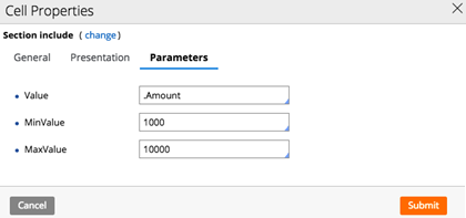 The cell properties Parameters tab of a section include.