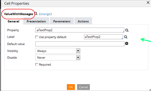 Cell properties with internal control ValueWithMessages for Property .aTextProp2, Visibility Always, Disable Never