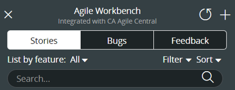 Integration status for CA Agile Central is displayed in the Agile Workbench header