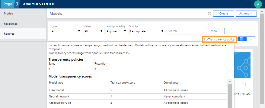 Transparency policy on the Analytics Center portal