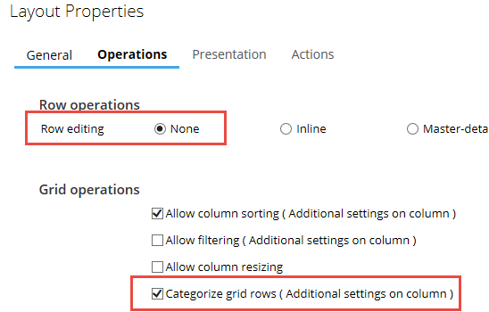 Categorization settings on the grid layout properties panel