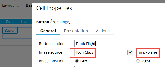 Icon Class and icon font name specified in button properties panel