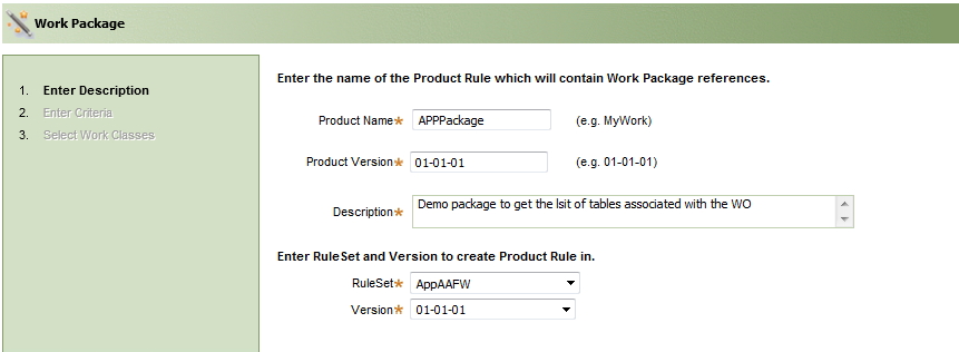 The Work Package utility screen for entering a description