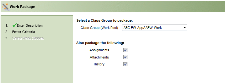 The workpage utility screen showing the criteria such as class group to package