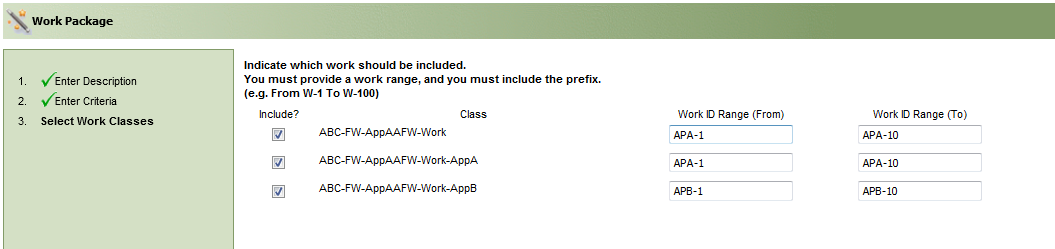 The work package utility showing the work classes to be included