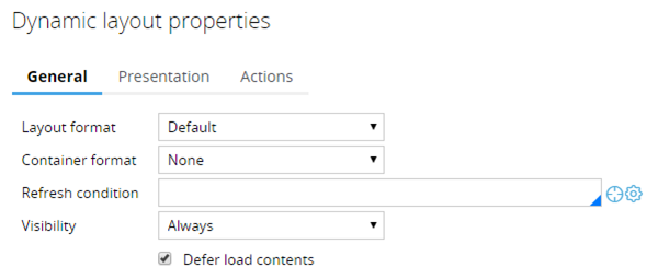 Dynamic layout properties dialog box with Defer load contents check box