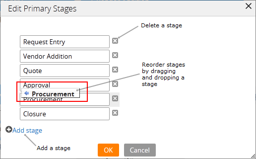 Using the Edit Primary Stages dialog box to reorder case stages