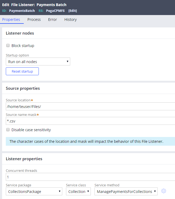 The Source Location field on the File Listener: Payments Batch form