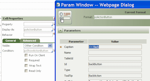 parameters panel for action button