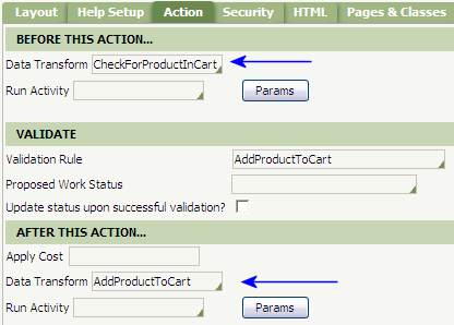 Data transform rules specified in AddProductToCart flow action