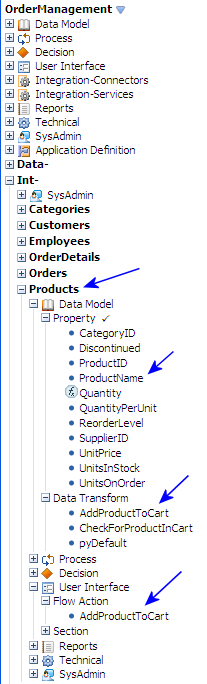 OrderManagement-Int-Products class in the Application Explorer