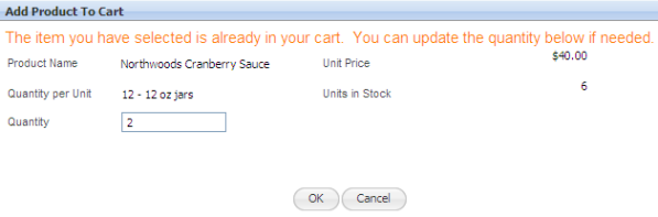 User interface dialog when user adds a product that is already in the shopping cart