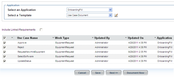 Example of wizard's Select step when Use Case Document template is selected