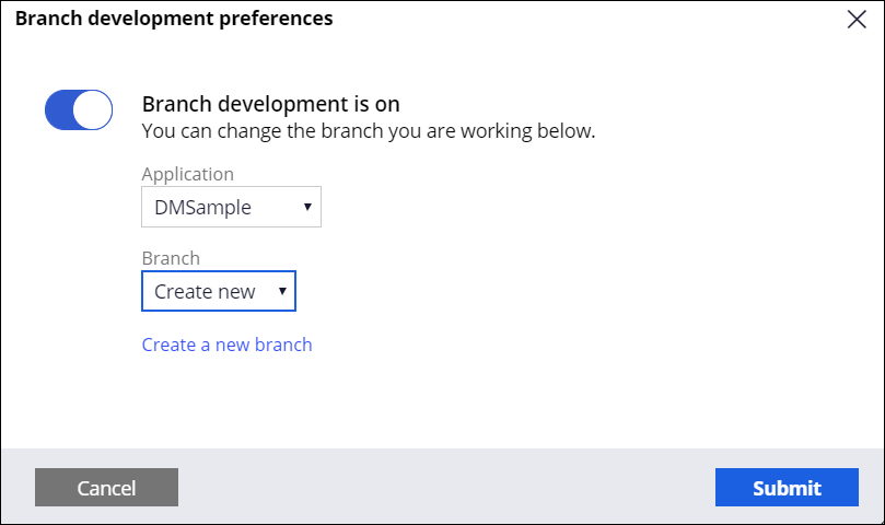 Branch development preferences dialog box