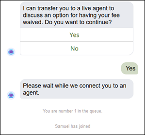 Chatbot transfers request to live agent