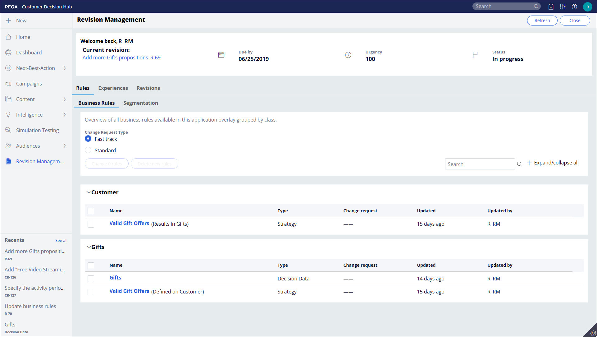 Screen capture of the Revision Management landing page in the Pega Customer Decision Hub portal