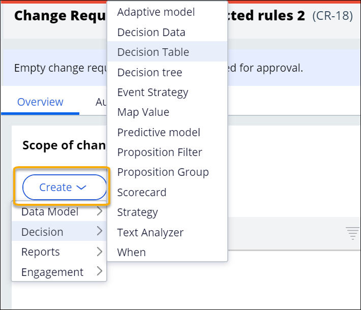 "Selecting the rule type to create as part of the change request"